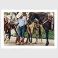 Colour photograph of a young horseman standing quietly among saddled horses during a traditional gathering in San Miguel de Allende, sold as an unframed fine art print