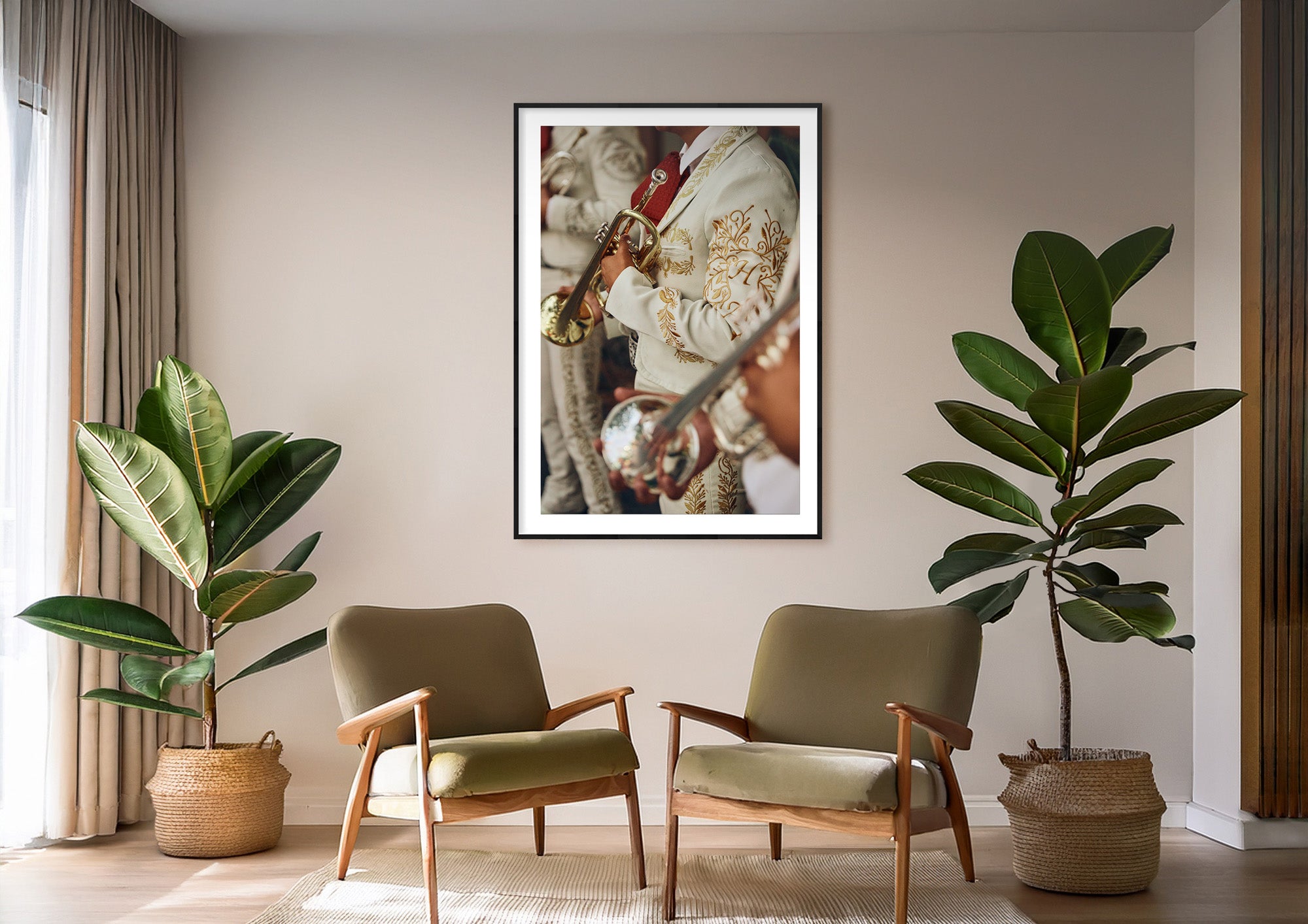 Colour photograph of a mariachi musician displayed as a framed print in a styled interior setting (mockup)