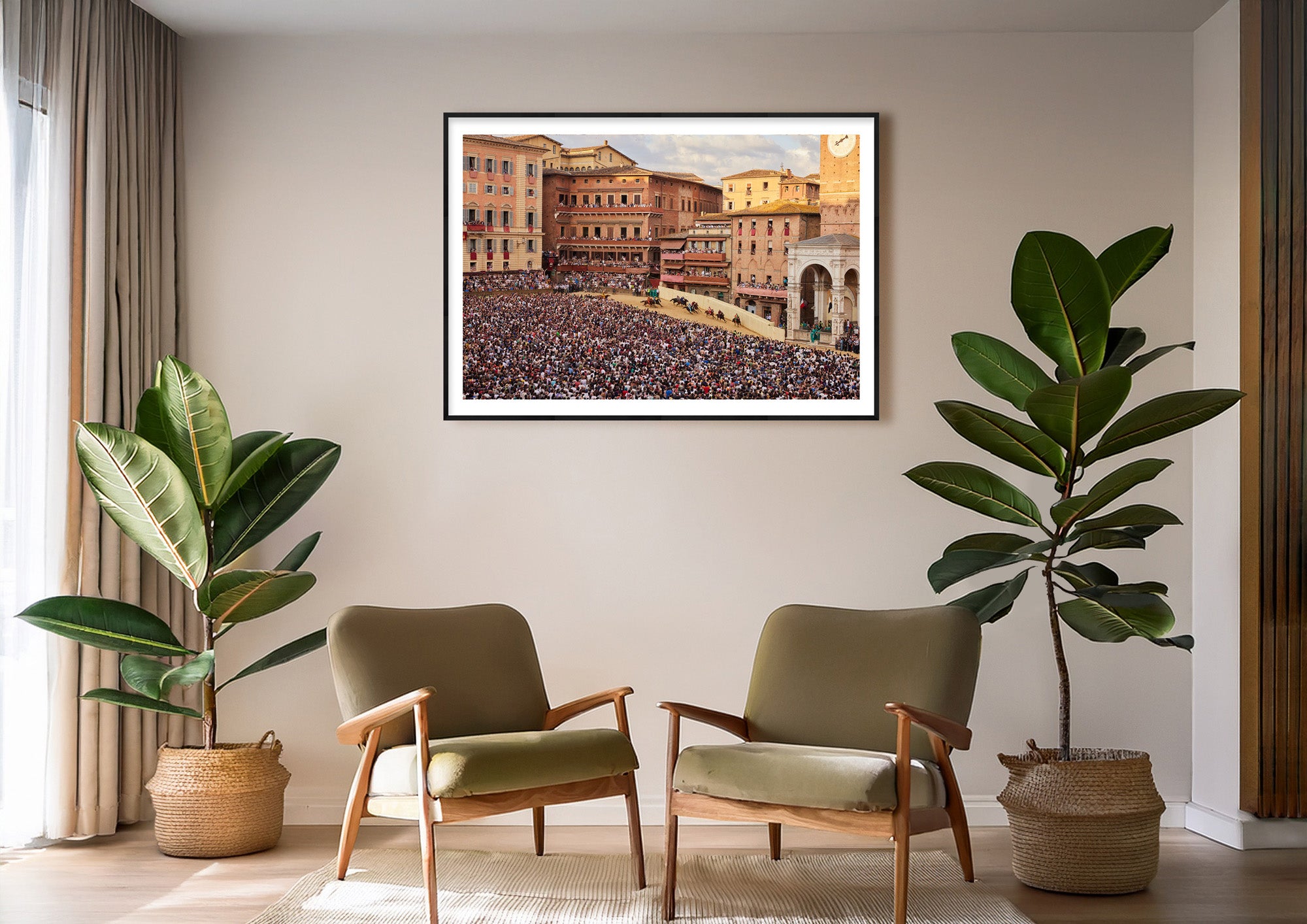 Colour photograph of the Palio di Siena race displayed as a large framed print in a styled interior setting (mockup)