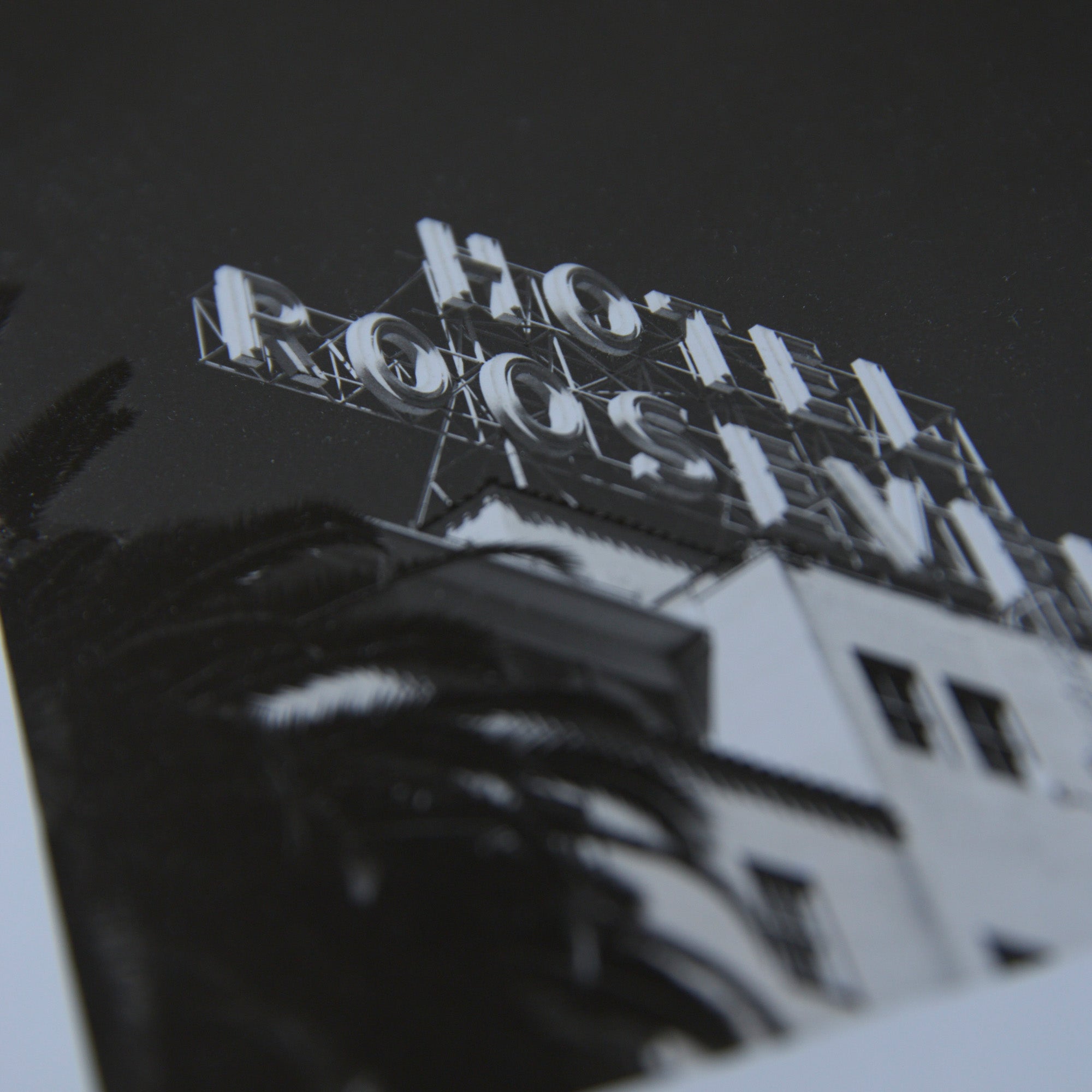 Details of a one-off black and white darkroom photograph of a hotel rooftop sign and palm tree against a cloudless sky, hand-printed by the artist.