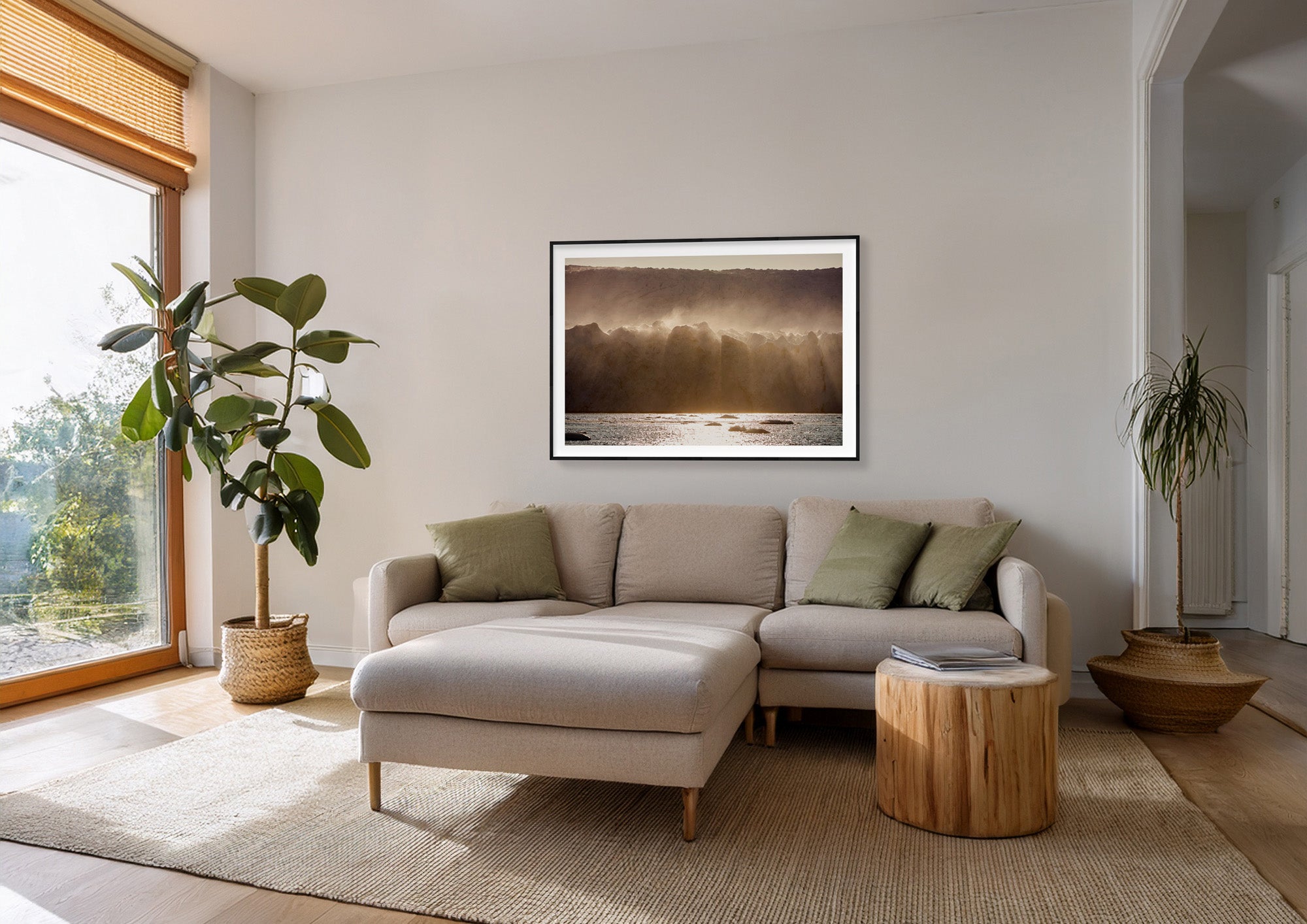 Colour photograph of wind-blown ice formations, displayed in a styled interior setting (mockup)