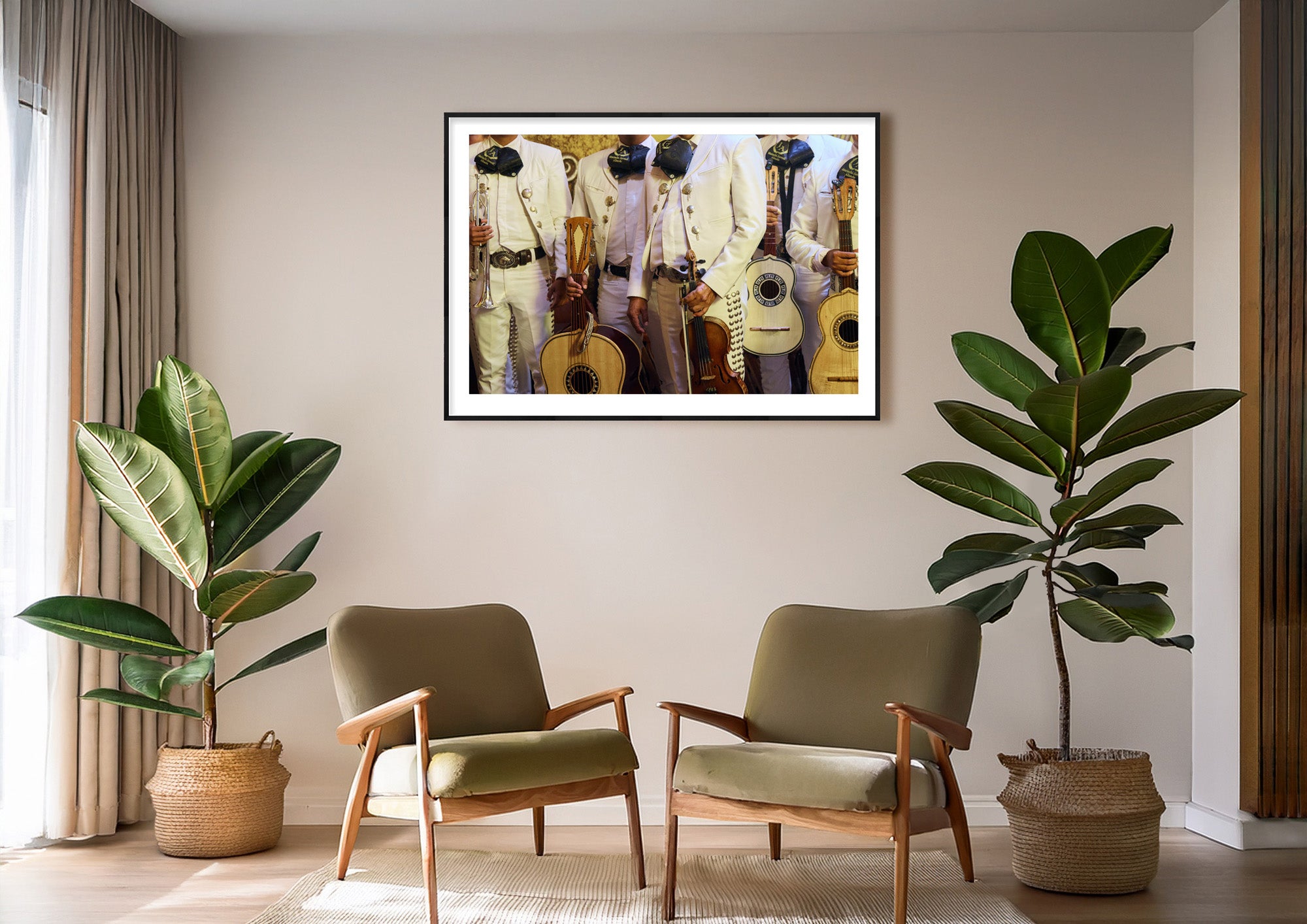 Colour photograph of mariachi musicians displayed as a framed print in a styled interior setting (mockup)