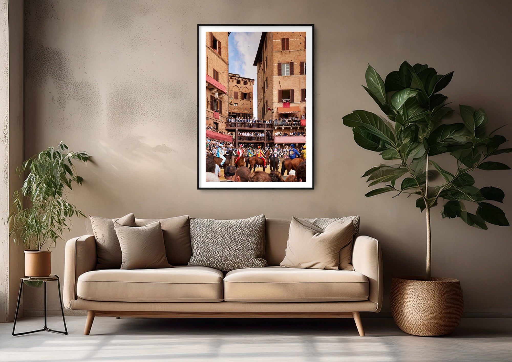 Colour photograph of the Palio di Siena starting line displayed as a large framed print in a styled interior setting (mockup)