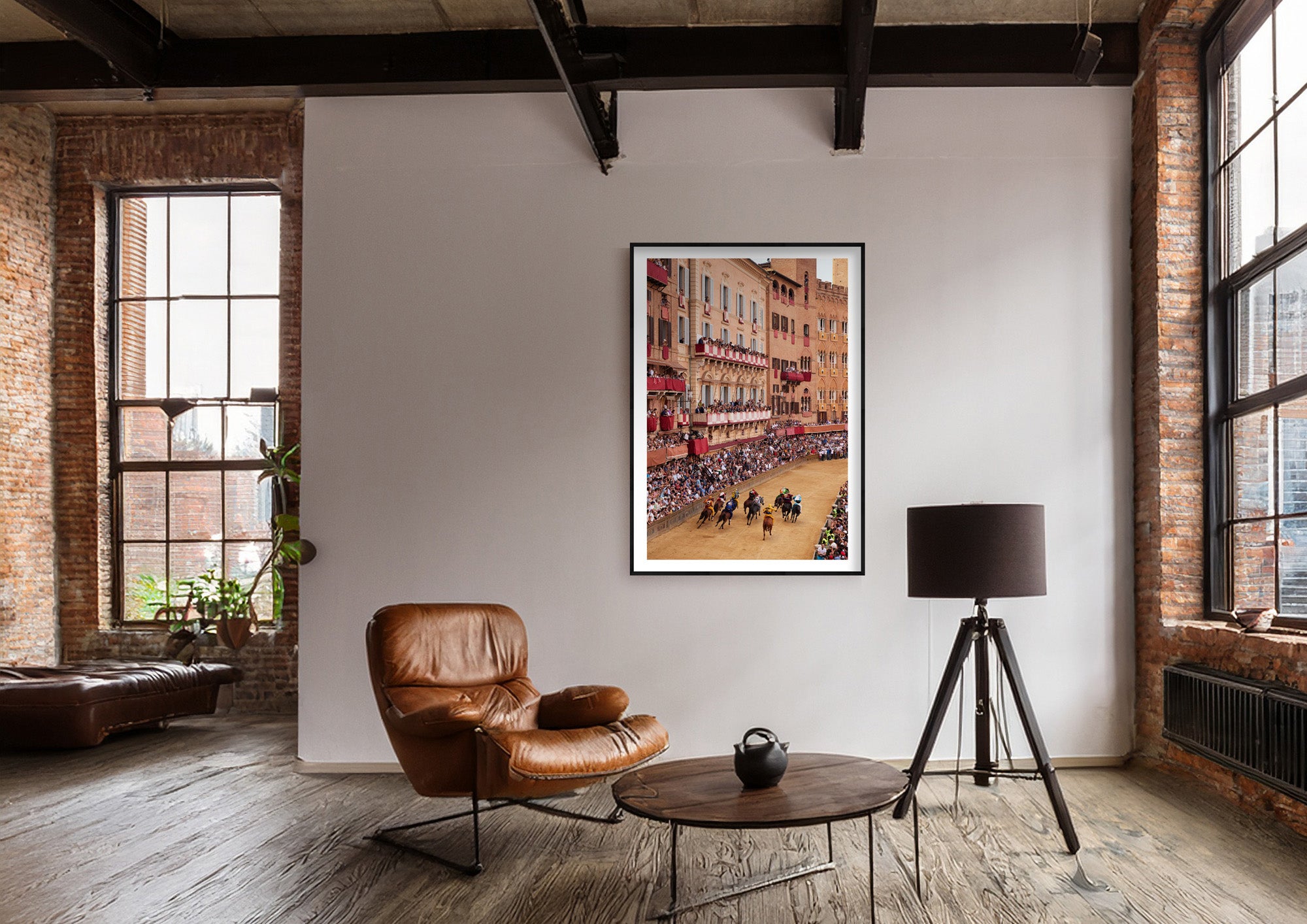 Colour photograph of Piazza del Campo during the Palio di Siena displayed as a large framed print in a styled interior setting (mockup)
