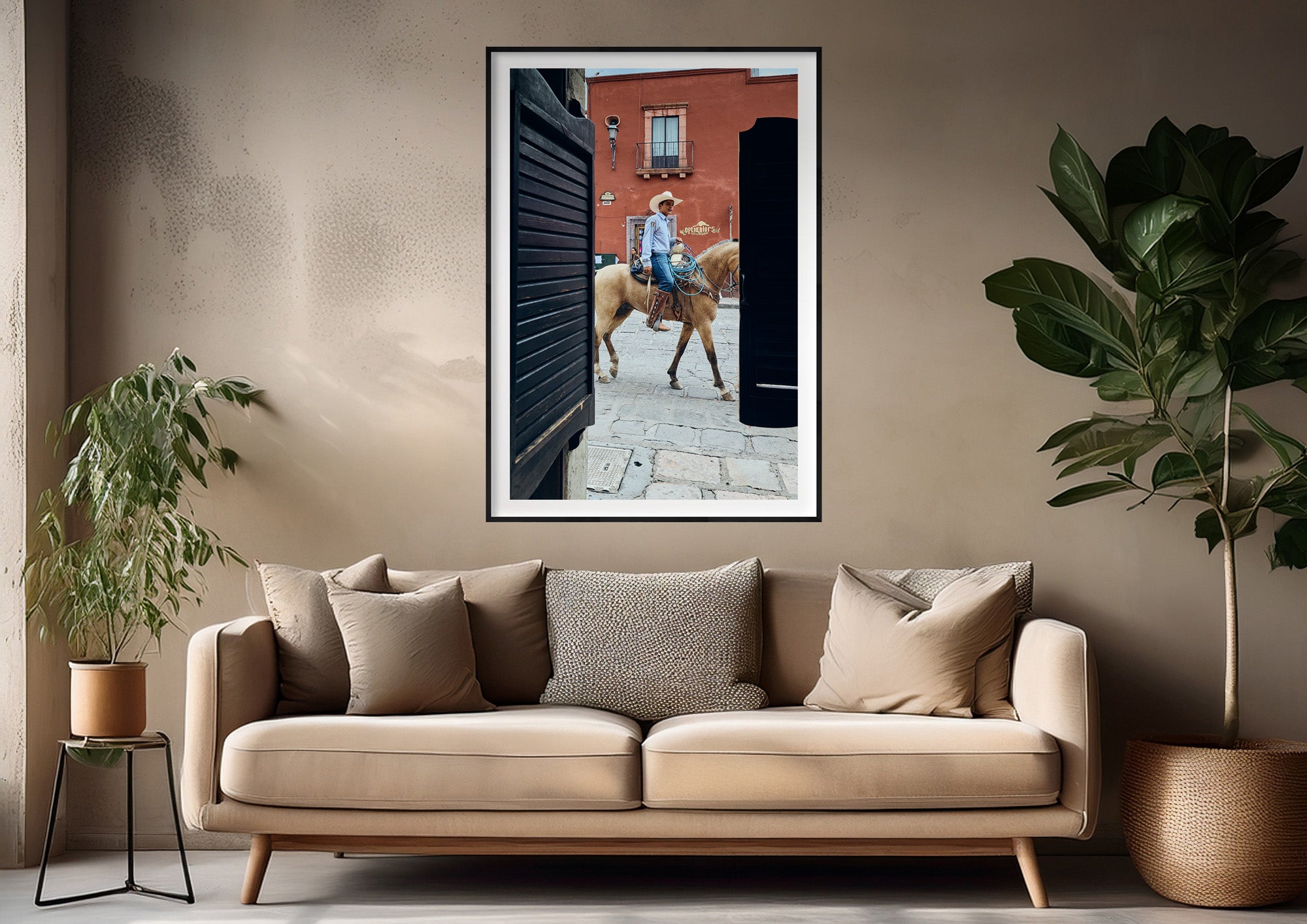 Colour photograph of a horse and rider framed within a doorway displayed as a framed print in a styled interior setting (mockup)